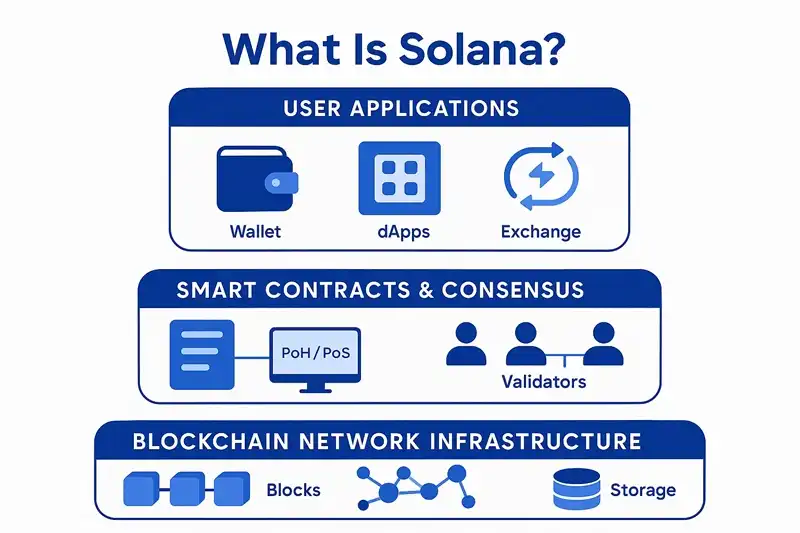 What is Solana - Blockchain Fundamentals and Key Features Diagram explaining Solana blockchain fundamentals including Proof of Stake, Proof of History, and high transaction throughput